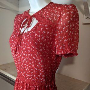 H&M Red and White Floral Print Dress with Ribbon Neck Tie